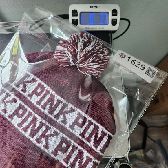 Victorias Secret PINK Maroon Knit Beanie Pom Pom Hat Cap - Picture 7 of 7